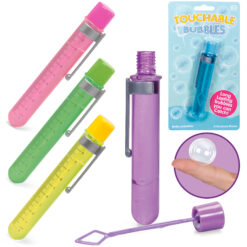 Plastic tube containers in pink, green, yellow and purple. Each container includes a bubble wand for making touchable bubbles.