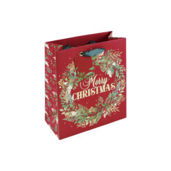 Bright red Christmas gift bag with embossed festive wreath design. The text Merry Christmas sits in the centre of the wreath.
