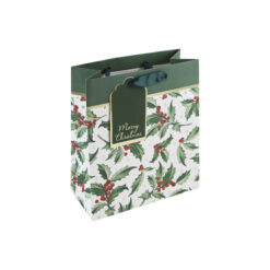 Medium sized gift bag with holly pattern, green handles and a green and gold gift tag.