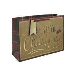 Kraft Christmas Shopper Gift Bag with tartan sides and the text Merry Christmas in gold foil.