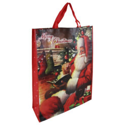 Large woven gift bag with colourful illustration of Father Christmas along with the text Merry Christmas.