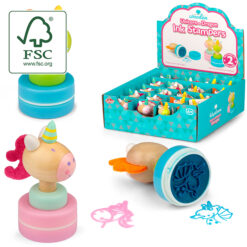 A box containing small stamps with unicorn or dragon toppers.