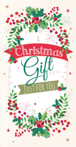 White Christmas money wallet decorated with festive foliage and the text A Christmas Gift Just For You.