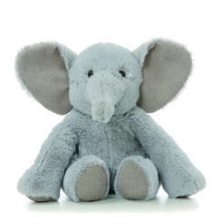 Grey soft toy Elephant with cord ears. Toy has a microwaveable insert.