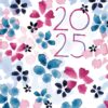2025 diary, A6 sized, with a pattern of flowers in purple, pink, blue and black. The year 2025 is printed in large pink and purple numbers.