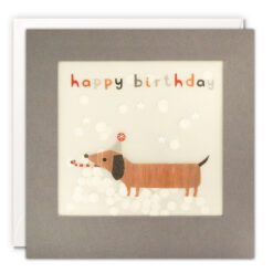 Square Birthday card with illustration of a sausage dog wearing a party hat and blowing a party streamer. Text reads happy birthday in colourful letters. A clear window contains paper confetti dots.