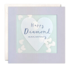 Square card with a pale purple heart in the centre which has the text Happy Diamond Anniversary. A clear window on the front of the card is filled with paper heart confetti.