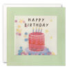 Square Birthday card with an illustration of a birthday cake and the text Happy Birthday. The front of the card has a clear window which is filled with confetti circles and stars.