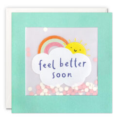 Pale blue card with a square window which contains paper circle confetti. Illustration shows a cloud with the text 'feel better soon'. Above the cloud is a rainbow and a smiley sun.