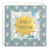 Blue art deco style card with a large gold star in the centre which has the text Happy Birthday. A clear window on the front of the card contains star shaped confetti.