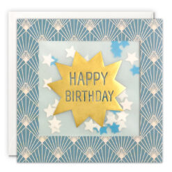 Blue art deco style card with a large gold star in the centre which has the text Happy Birthday. A clear window on the front of the card contains star shaped confetti.