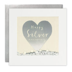 Square card featuring a window full of silver glitter and sequins, with a silver heart painted on the front. The text reads ‘Happy Silver Anniversary’.