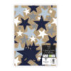 Brown wrapping paper decorated with blue and white stars. Two star shaped gift tags.