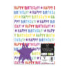White wrapping paper covered in text reading 'Happy Birthday' in different colours. Set includes purple star gift tags.