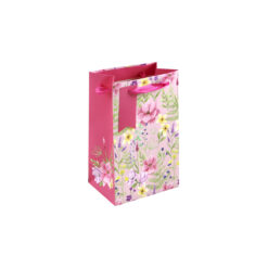 Small pink gift bag with colourful floral design. Pink handles and gift tag.