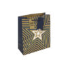 Kraft gift bag with blue star pattern. Blue handles and blue gift tag attached.