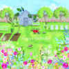 A bright colourful card featuring an illustration of a garden with lots of flowers, a vegetable patch, a shed and a red wheelbarrow. Text in the centre reads happy birthday.