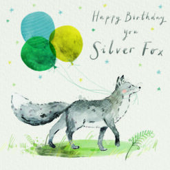 Birthday card with the text Happy Birthday you Silver Fox. Illustration of a silver fox carrying three balloons in its mouth.