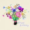 Card with an illustration of a bouquet of bright colourful flowers. Text reads Happy Birthday and a small gift card on the flowers reads For You.