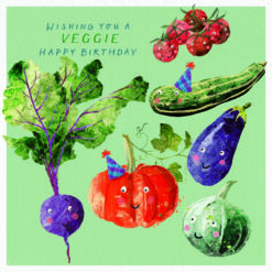 Birthday card with illustrations of different vegetables with smiley faces and some wearing party hats. Text reads 'Wishing you a veggie happy birthday'.