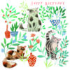 White card with illustrations of cats amongst flowers and plant pots. Text reads Happy Birthday.