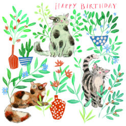 White card with illustrations of cats amongst flowers and plant pots. Text reads Happy Birthday.