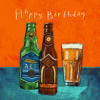 An orange and blue card with the text Happy Birthday at the top. Below the text is an illustration of two beer bottles and a glass of beer.