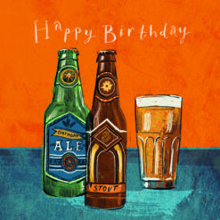 An orange and blue card with the text Happy Birthday at the top. Below the text is an illustration of two beer bottles and a glass of beer.