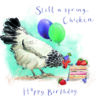 Birthday card with an illustration of a chicken pecking at a slice of cake with two balloons tied round its leg. Text reads Still a Spring Chicken, Happy Birthday.