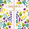 Easter card with a grey cross in the centre, surrounded by purple, yellow and green flowers. Text reads Happy Easter.