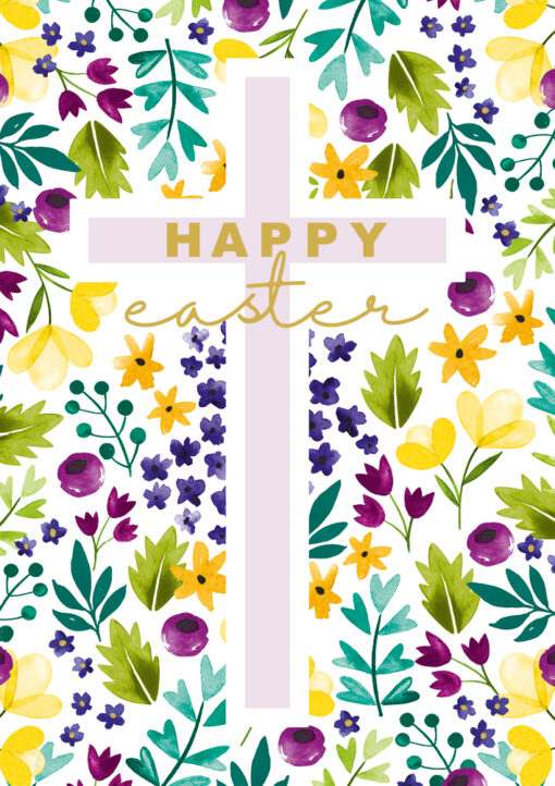 Easter card with a grey cross in the centre, surrounded by purple, yellow and green flowers. Text reads Happy Easter.