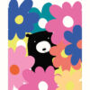 Greetings card with an illustration of a black bear with a white nose, poking through the middle of bright colourful flowers.