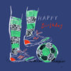 A blue card with a sketch of a football and a pair of feet in football boots and stripey football socks. Text reads 'Happy Birthday'.