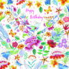 Birthday card with bright colourful floral and butterfly pattern. Text on the front reads 'Happy Birthday'.