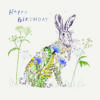 Birthday card with an illustration of a hare and colourful florals. Text reads 'Happy Birthday'.