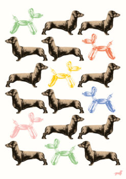 White card covered in illustrations of sausage dogs and colourful dog balloons.