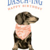 Birthday card with a picture of a daschund wearing a read and white neck scarf. Text above the picture reads 'Older but still Dasch-ing. Happy Birthday'.