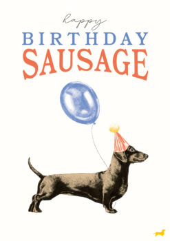 Birthday card with a picture of a daschund wearing a party hat and with a balloon tied to it's paw. Text reads 'happy birthday sausage'.