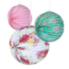Pink, Blue & Green Floral Paper Lanterns with hanging string.