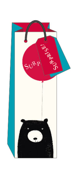 A bottle gift bag with an illustration of a black bear holding a red balloon which has the text 'Surprise'. The bag has a red gift tag attached.