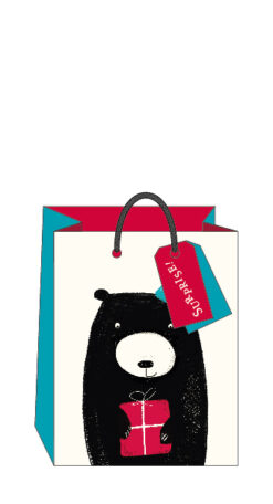 Medium sized bag with an illustration of a bear holding a gift. Gift tag attached to the bag.
