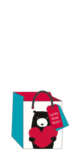 Small square gift bag with an illustration of a black bear holding a heart. Gift tag attached to the bag.