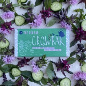 A Gin growbar sits amongst cucumber slices and purple flowers and leaves.