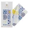 Pack of 4 sheets of tissue paper in Moroccan tile design featuring blue, yellow and white tile designs.Fully recyclable.