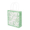 Green and white gift bag with illustrations of rabbits, butterflies and flowers. The sides of the bag are green and white checks.