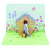 Pop out birthday card featuring a garden seen with a bird house and bird which pops out when the card opens.
