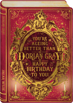 Book style card with a picture of a gold mirror on the front. Text over the mirror reads 'You're ageing better than Dorian Gray! Happy Birthday to you!'