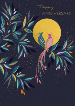 Dark coloured card with an illustration of a large circular moon and two love birds perched in a tree. Text reads Happy Anniversary.