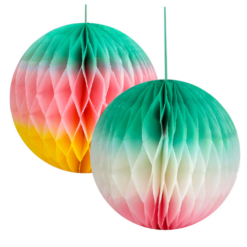 Two round honeycomb decorations in pastel ombre design with hanging strings.
