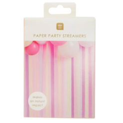 A box of pink, purple and peach coloured paper party streamers.